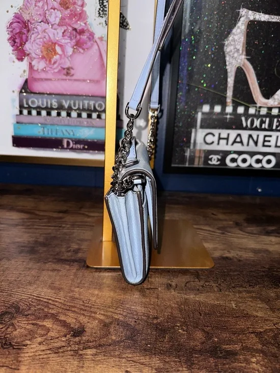 Michael Kors Light Blue Pebbled Leather Chain Crossbody - Picture 7 of 9